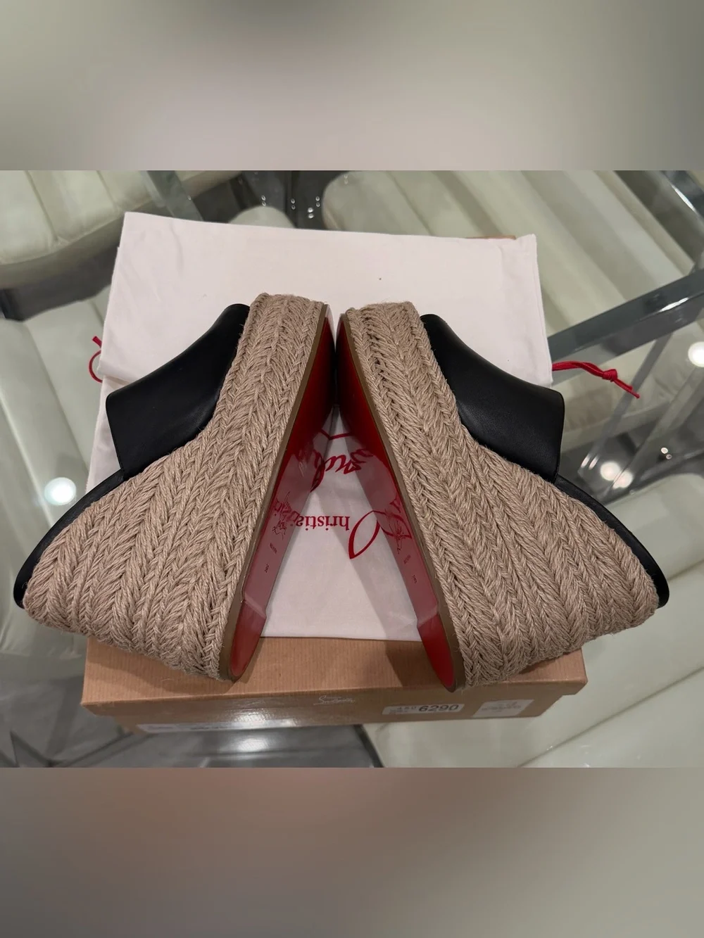 Christian Louboutin Black Leather Espadrille Wedge Sandals with Red Sole
